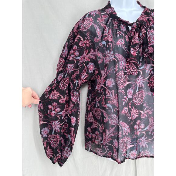 Sanctuary Top Womens Small Black Pink Floral Sheer Boho Bohemian Neck Tie - Picture 4 of 10